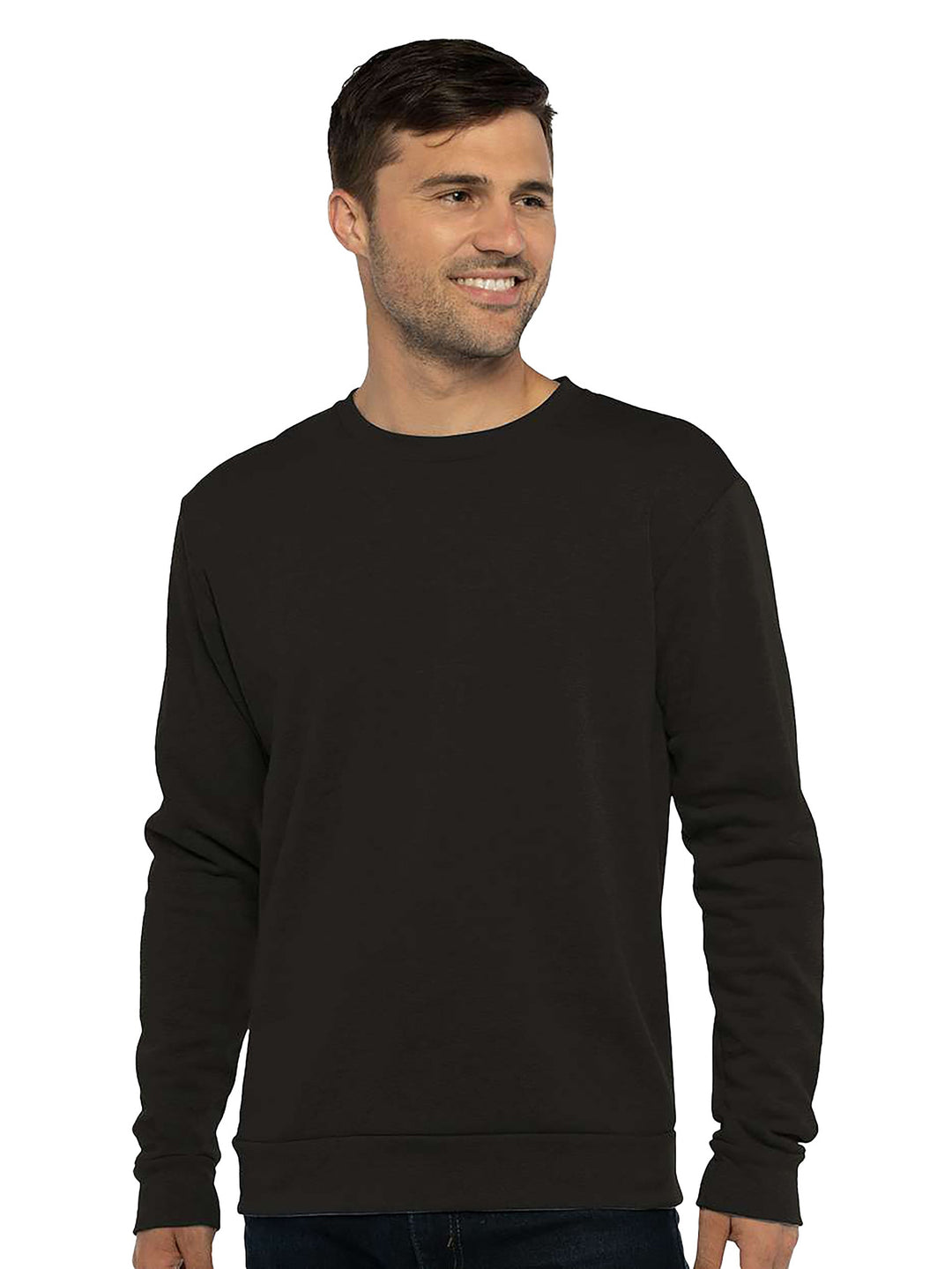 Next Level Malibu Custom Crewneck Sweatshirt in black, worn by a male model. Soft, stylish, and customizable for a personalized look.