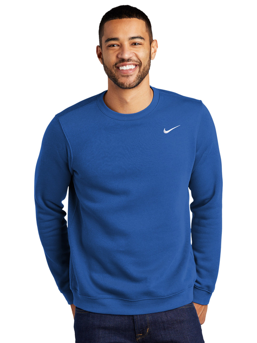 Nike Club Fleece with Embroidered Nike Swoosh Sweatshirt in royal blue, featuring a classic crewneck design and soft fleece fabric for comfort.