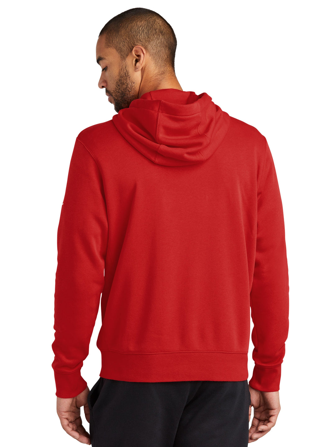 Back view of the red Nike Fleece Full Zip Hoodie, highlighting its relaxed fit, soft fleece material, and hooded design for added warmth.