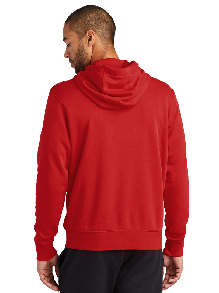 Back view of the red Nike Fleece Full Zip Hoodie, highlighting its relaxed fit, soft fleece material, and hooded design for added warmth.