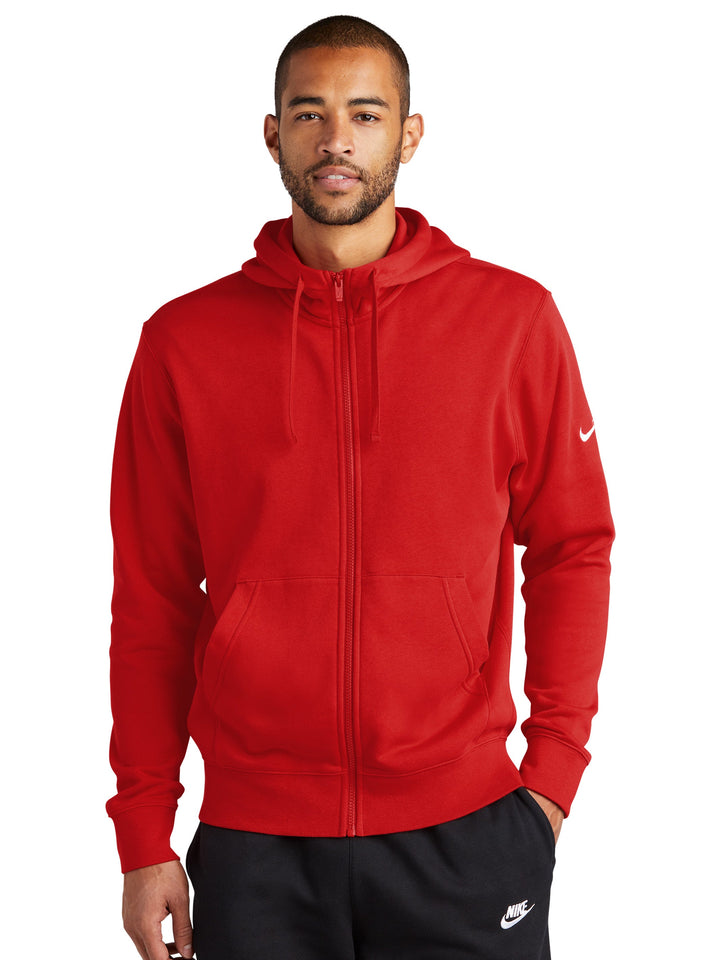 Nike Fleece Full Zip Hoodie in red, featuring a soft brushed-back fleece fabric, front pockets, and a sleek design with a Nike swoosh on the sleeve.