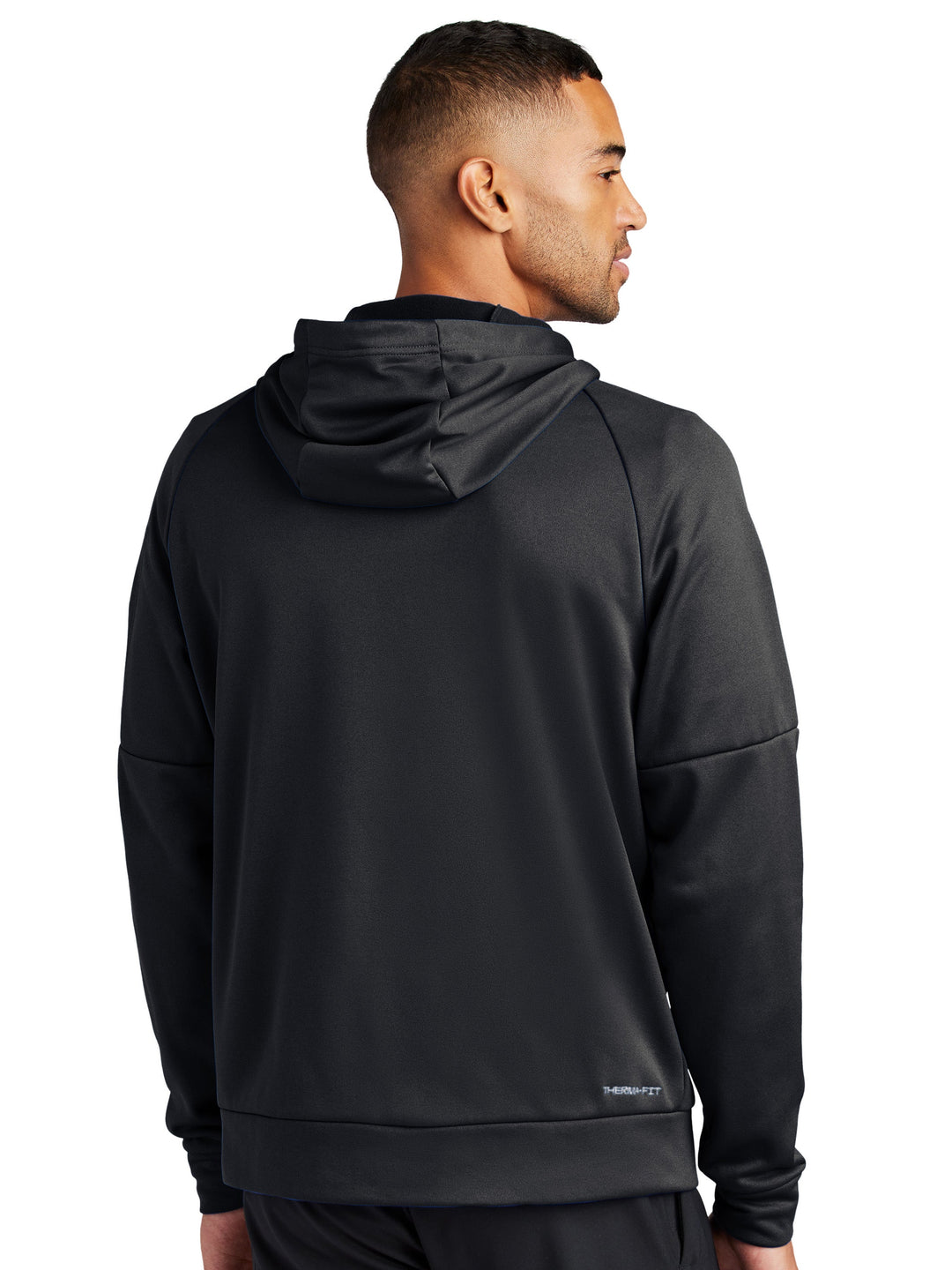 Back view of Nike Therma-FIT zip-up hoodie in black. Lightweight, breathable fabric with a relaxed fit, ideal for custom embroidery or printing.