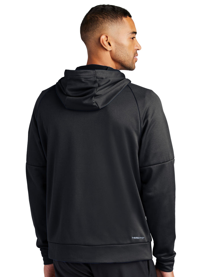 Back view of Nike Therma-FIT zip-up hoodie in black. Lightweight, breathable fabric with a relaxed fit, ideal for custom embroidery or printing.
