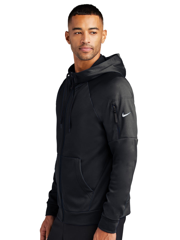 Nike Therma-FIT zip-up hoodie in black with sleeve pocket and full-zip closure. Customizable design, perfect for teams, businesses, and everyday wear.