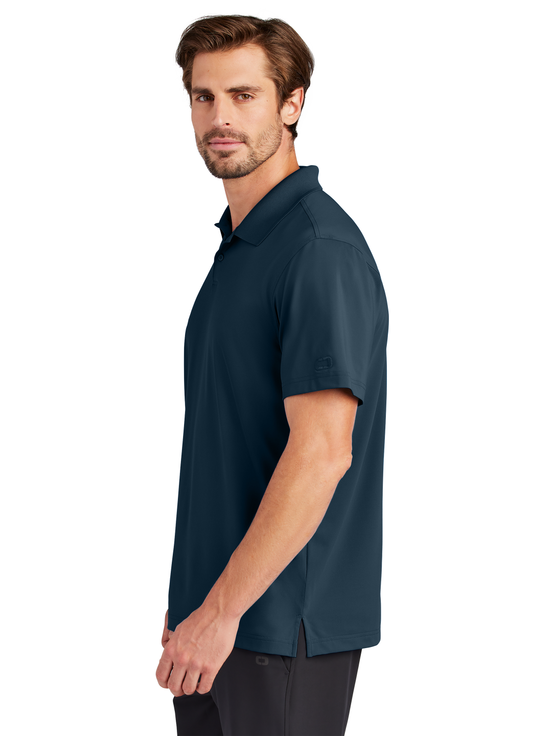 Side view of the Custom OGIO Regain Polo in navy blue, highlighting its tailored fit and short sleeves. A stylish and comfortable work polo option.