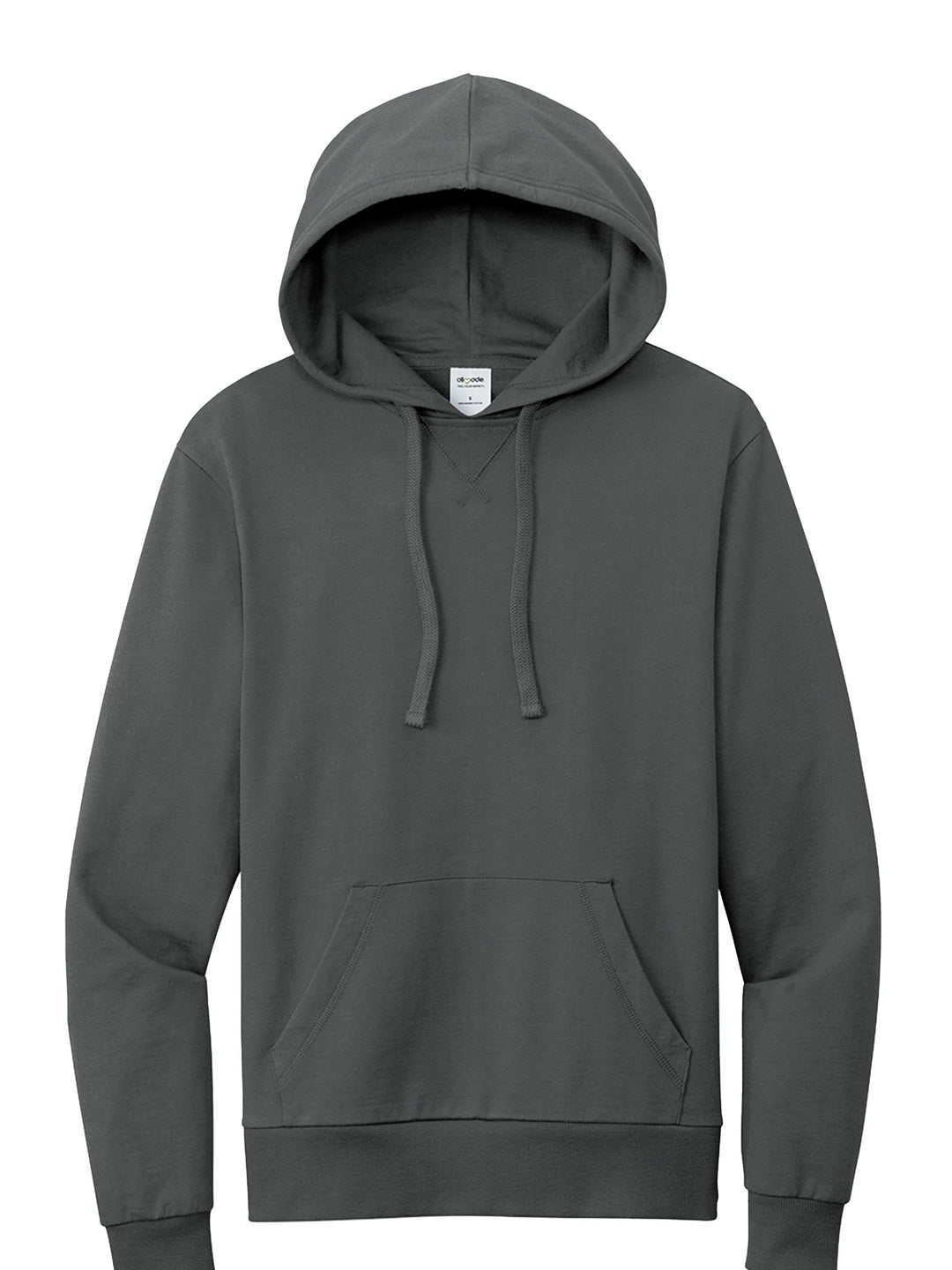 Gray Allmade French Terry hoodie with a minimalist design and front pocket. A sustainable and stylish option for personalized apparel.
