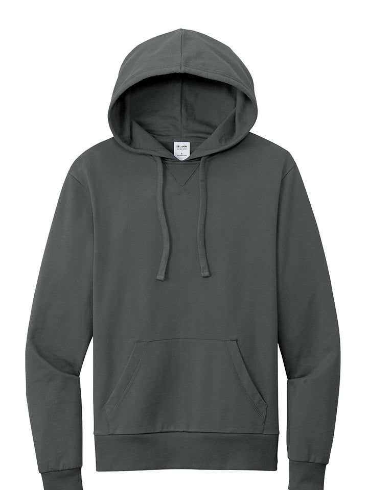 Gray Allmade French Terry hoodie with a minimalist design and front pocket. A sustainable and stylish option for personalized apparel.