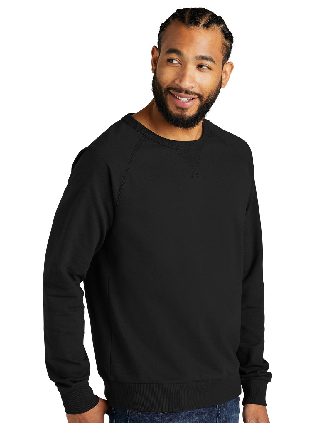 Side view of the Custom Allmade Organic French Terry Crewneck in black, highlighting its stylish raglan sleeves and soft texture.