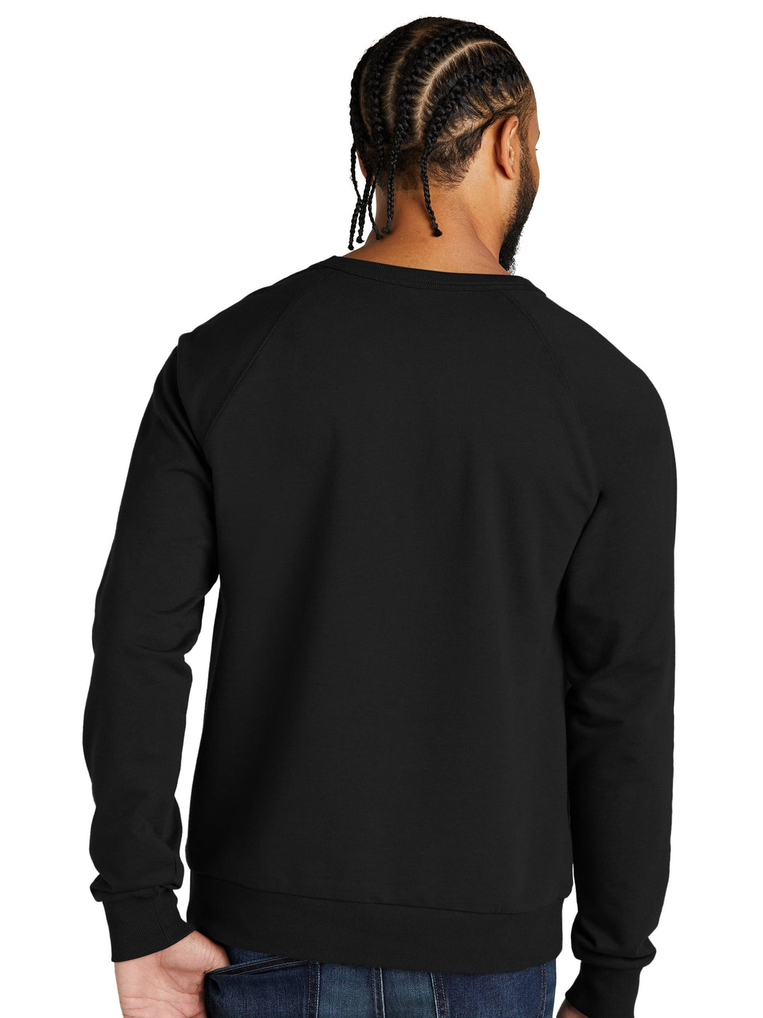 Back view of the Custom Allmade Organic French Terry Crewneck in black, showcasing its relaxed fit and organic cotton fabric.