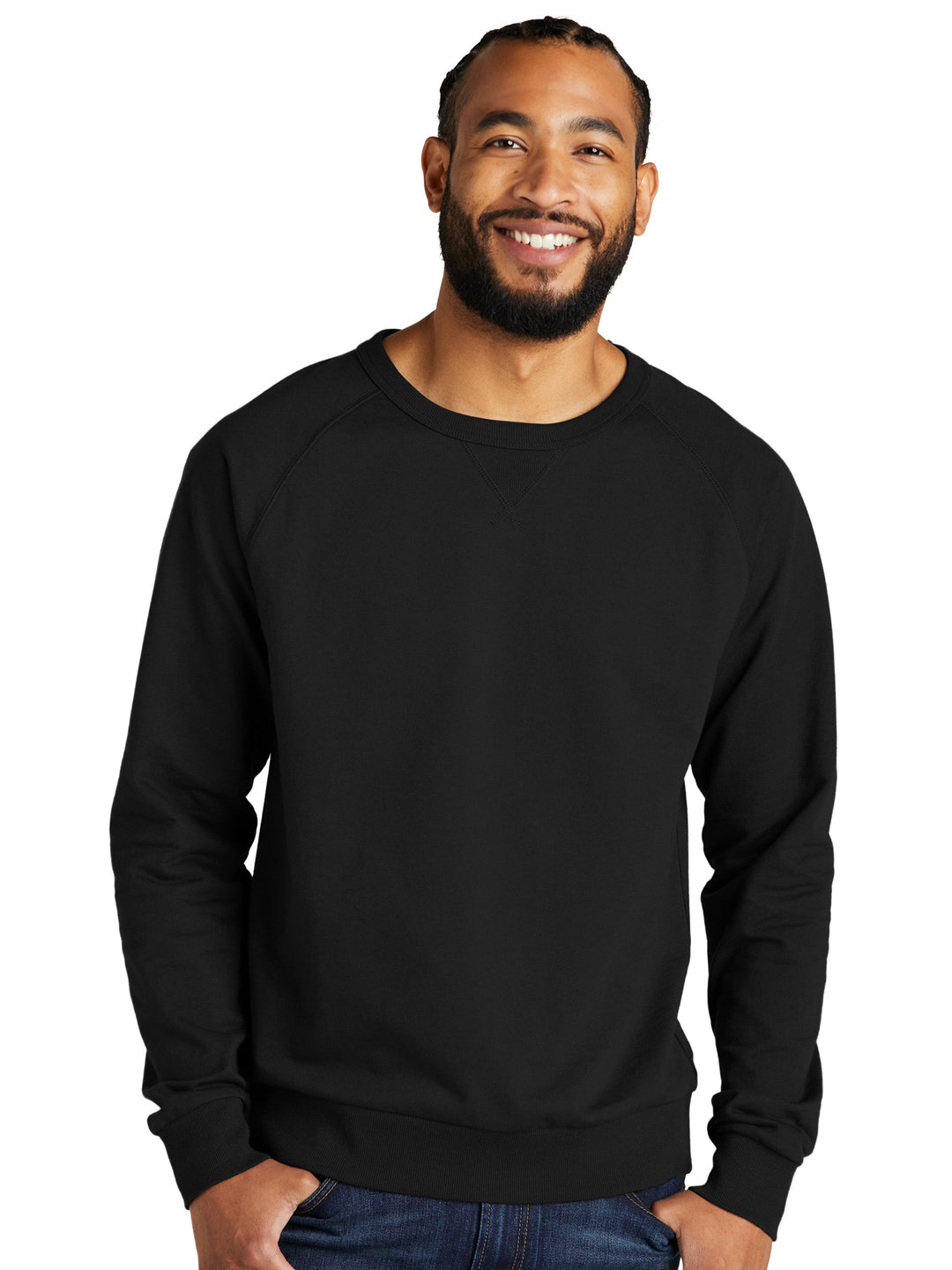 Custom Allmade Organic French Terry Crewneck in black, worn by a male model. Made from 100% organic cotton for a soft and sustainable feel.