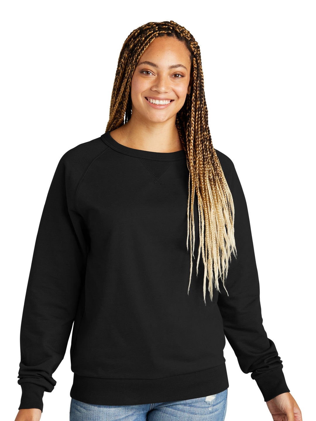 Custom Allmade Organic French Terry Crewneck in black, worn by a female model. A comfortable and eco-friendly sweatshirt perfect for customization.