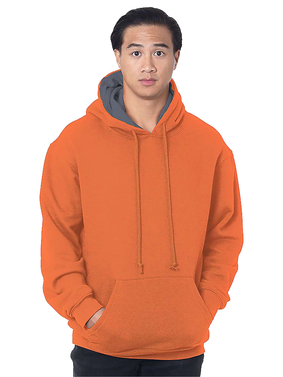 Bayside USA Made Super Heavy Thermal Lined Hooded Sweatshirt in orange, featuring a cozy thermal lining and adjustable drawstring hood.