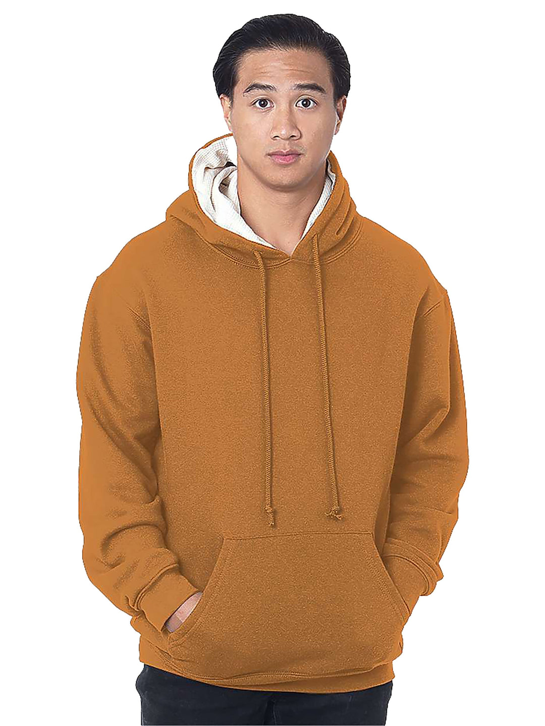 Bayside USA Made Super Heavy Thermal Lined Hooded Sweatshirt in brown, crafted for comfort with a thick thermal lining and front pocket.