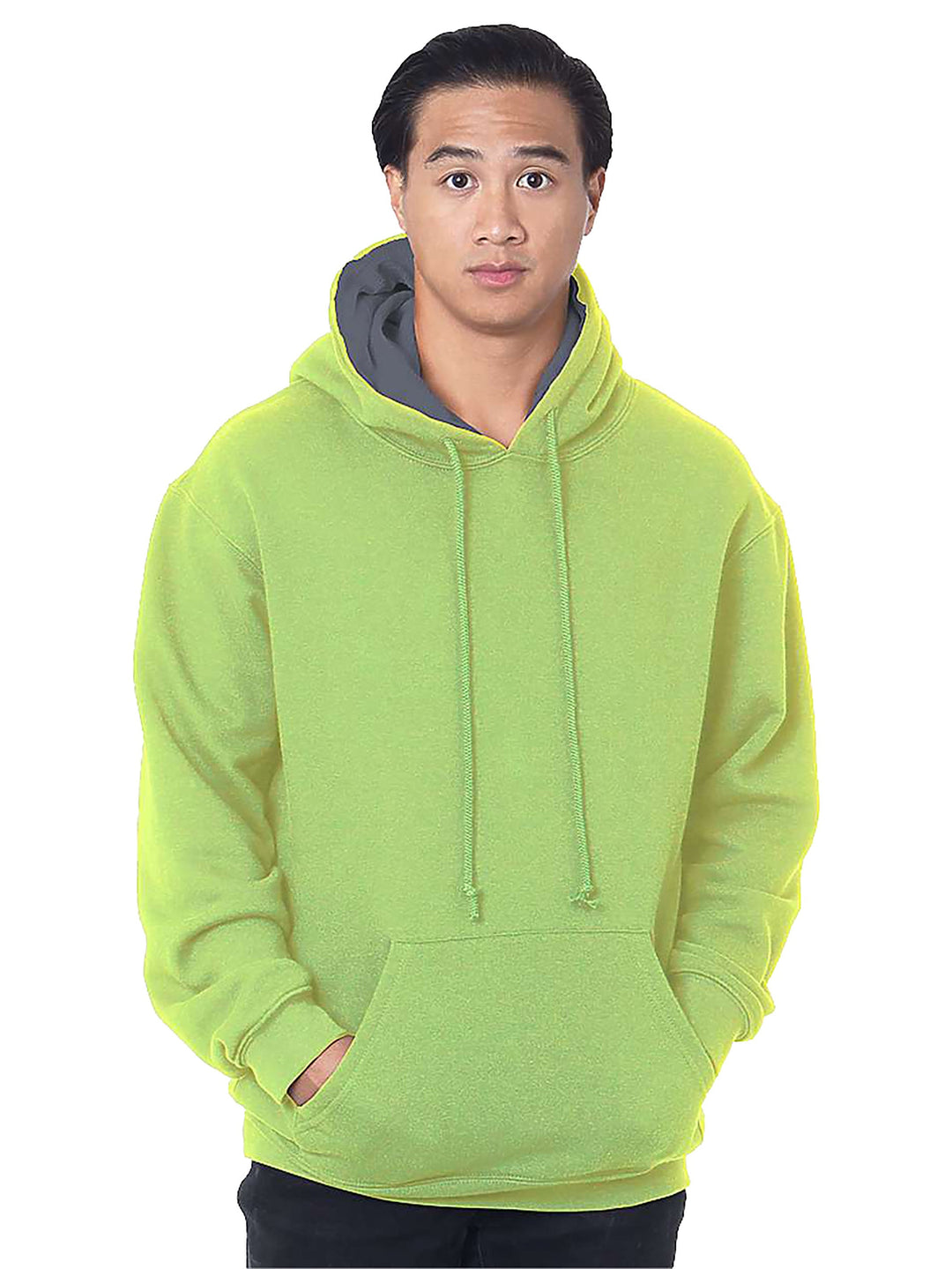 Bayside USA Made Super Heavy Thermal Lined Hooded Sweatshirt in safety green, designed for warmth and durability with a soft inner lining.