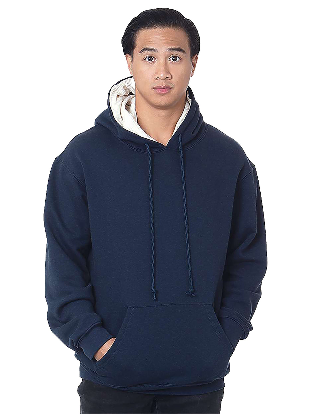 Bayside USA Made Super Heavy Thermal Lined Hooded Sweatshirt in navy blue, offering superior insulation with a classic pullover design.