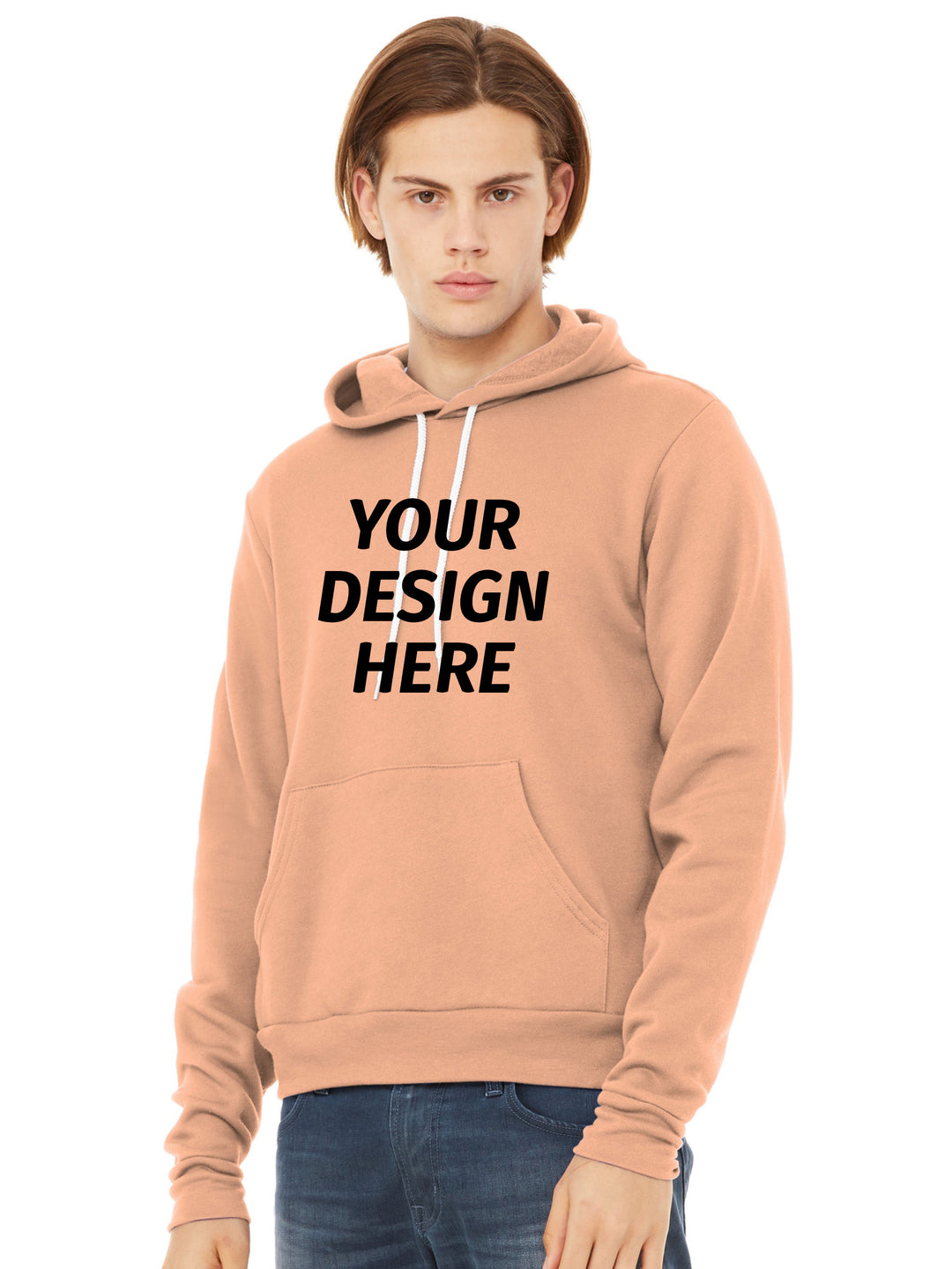 Custom Bella + Canvas Sponge Fleece Hoodie in peach with 'Your Design Here' text. Ideal for personalized printing or embroidery for apparel branding.