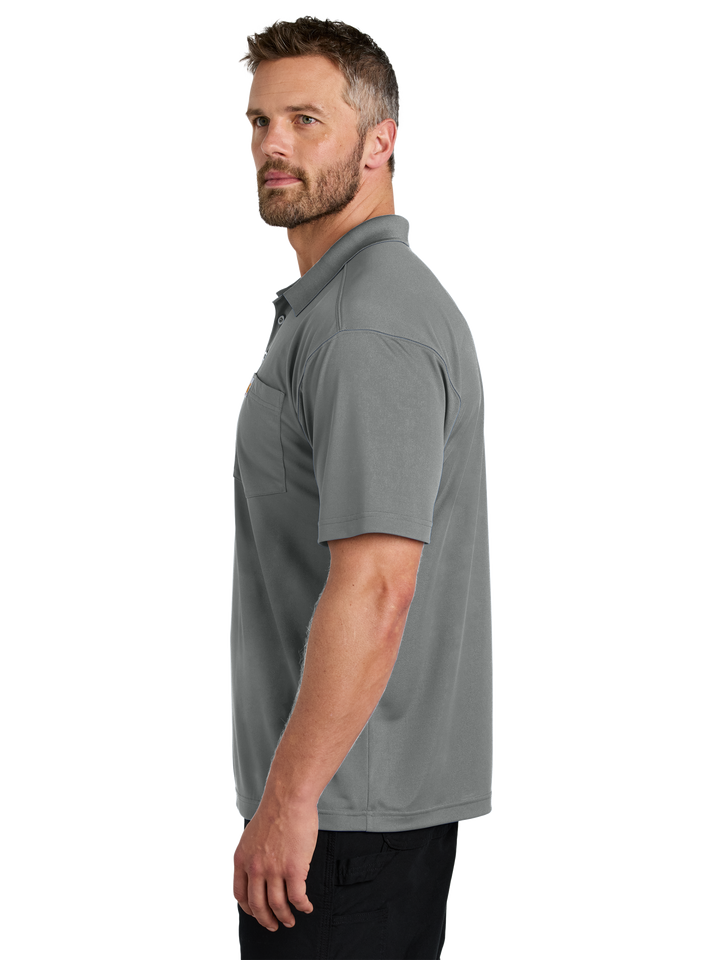 Side view of the Custom Carhartt Force Snag-Resistant Pocket Polo in gray, showcasing its relaxed fit and breathable fabric.