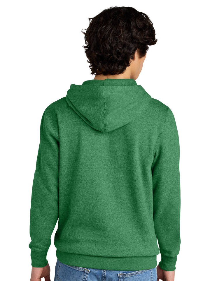 Back view of the green District V.I.T Hoodie DT6100, highlighting the comfortable hood and smooth fleece fabric. Great for custom printing.