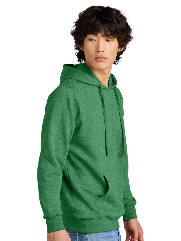 Side view of the green District V.I.T Hoodie DT6100, showcasing its relaxed fit, ribbed cuffs, and durable stitching. Ideal for custom designs.