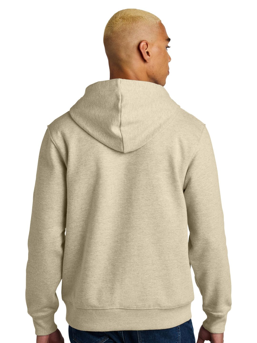 Back view of the Custom District V.I.T Heavy Weight Hoodie in beige, highlighting the hood and seamless design for a clean look.