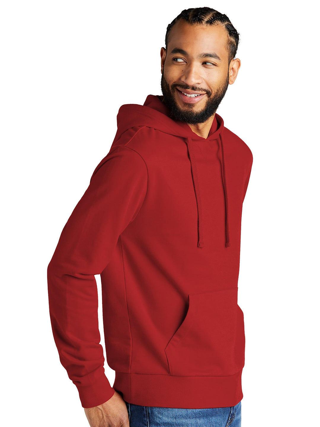 Side view of the Allmade French Terry hoodie in red, showcasing its soft fabric and comfortable fit. Customize it for a unique, eco-friendly look.