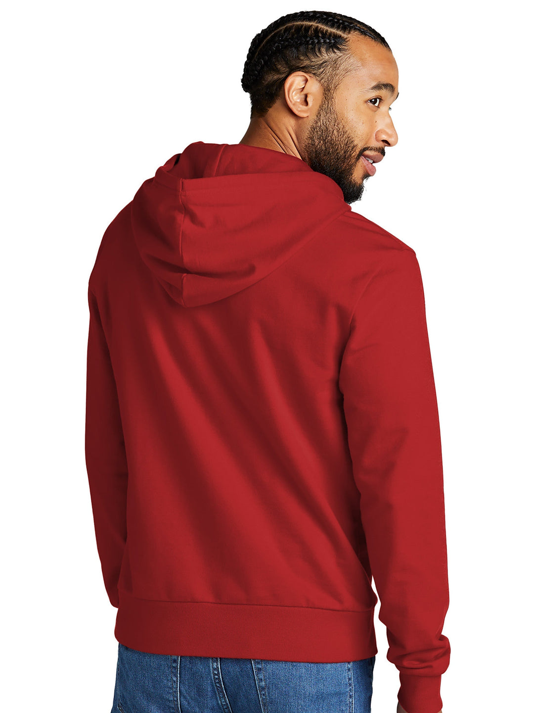 Back view of the Allmade French Terry hoodie in red, highlighting its hood and ribbed hem. A sustainable and stylish choice for custom apparel.