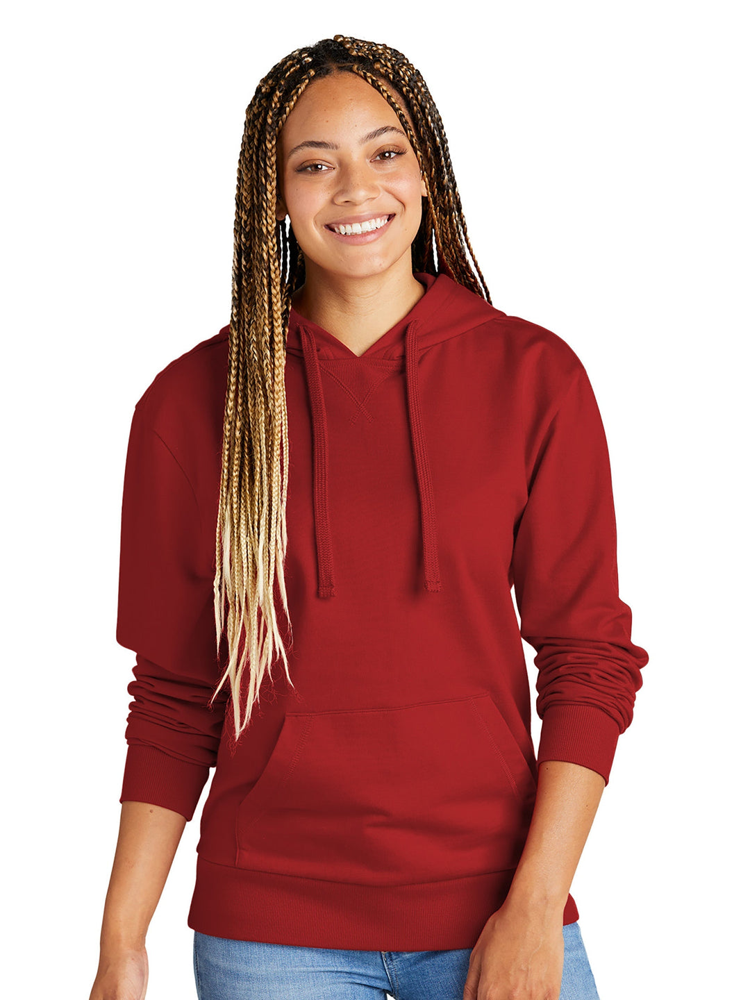 Women's Allmade French Terry hoodie in red, offering a stylish and sustainable design. Ideal for custom branding with no minimum order required.