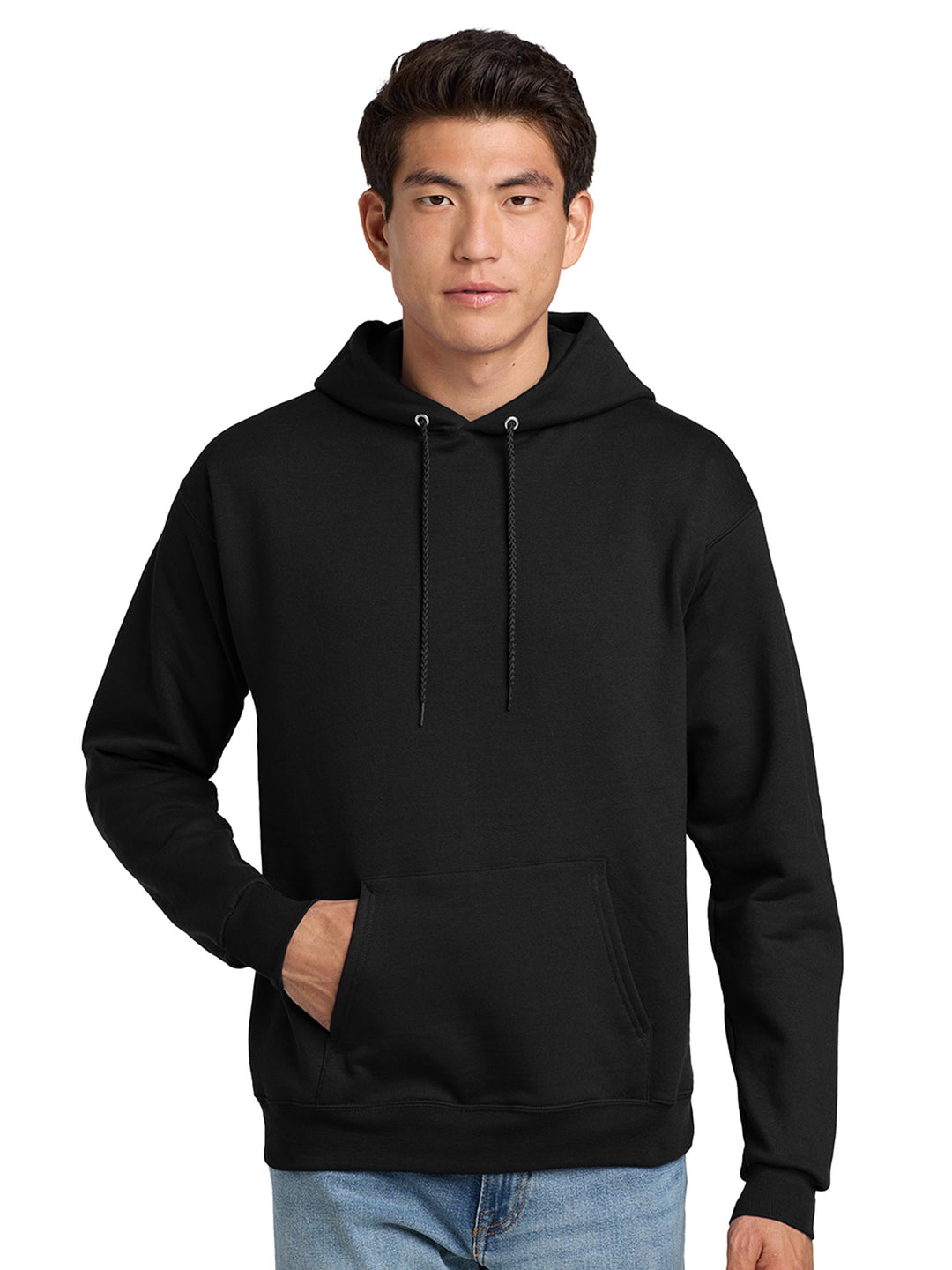 Hanes EcoSmart Pullover Hoodie in black. Classic, eco-friendly fleece hoodie ideal for custom designs, embroidery, or promotional wear.