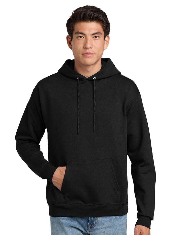 Hanes EcoSmart Pullover Hoodie in black. Classic, eco-friendly fleece hoodie ideal for custom designs, embroidery, or promotional wear.