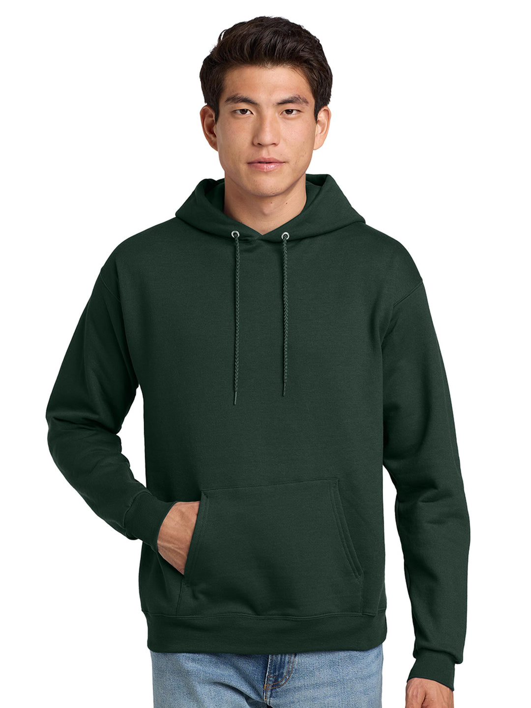 Hanes EcoSmart Pullover Hoodie in forest green. Soft, eco-friendly fleece hoodie ideal for custom embroidery or personalized designs.