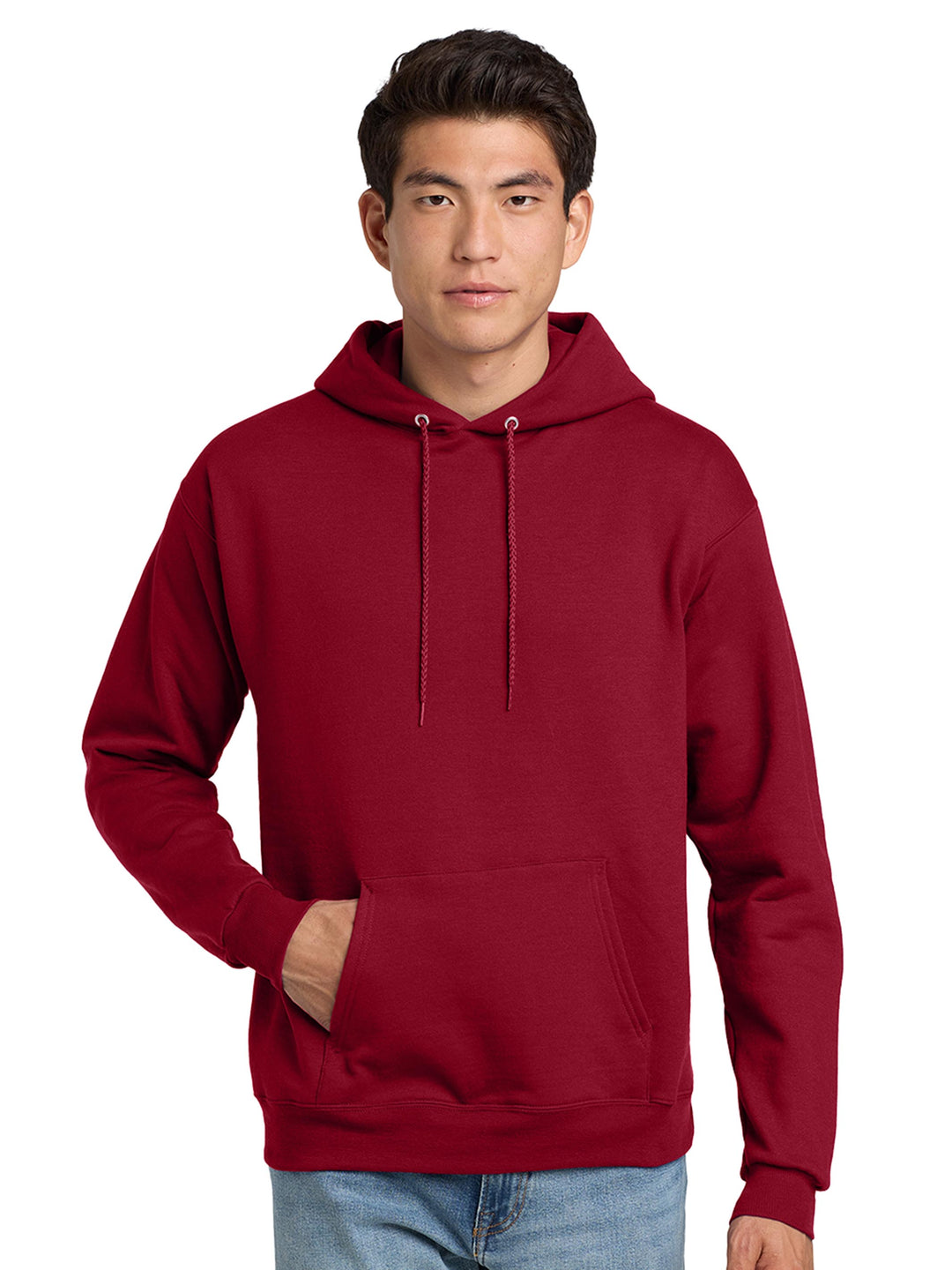 Hanes EcoSmart Pullover Hoodie in deep red. Cozy, sustainable fleece hoodie perfect for custom printing, embroidery, or group orders.