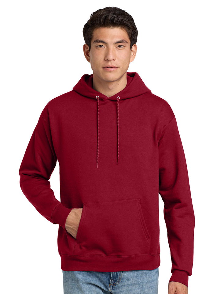 Hanes EcoSmart Pullover Hoodie in deep red. Cozy, sustainable fleece hoodie perfect for custom printing, embroidery, or group orders.