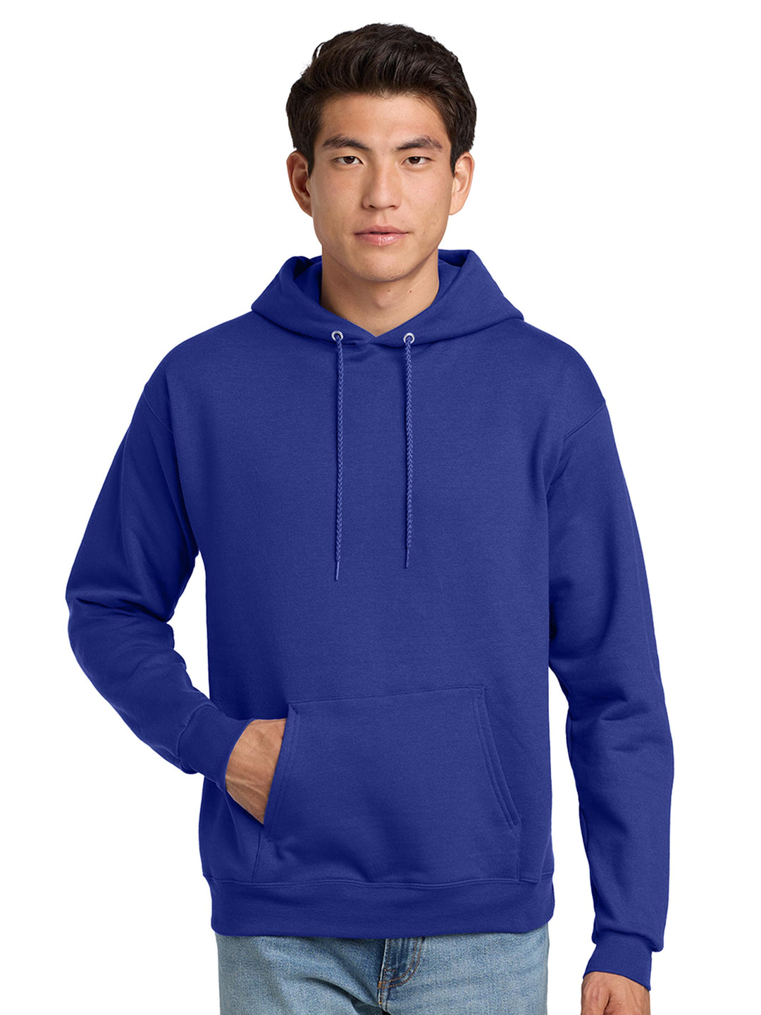 Hanes EcoSmart Pullover Hoodie in royal blue. Eco-friendly, soft fleece hoodie ideal for custom branding, embroidery, or bulk purchases.