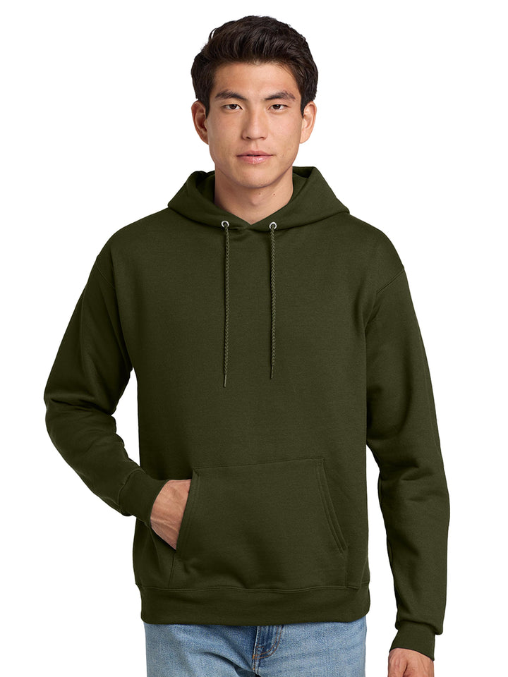 Hanes EcoSmart Pullover Hoodie in military green. Sustainable, comfortable fleece hoodie perfect for custom designs or promotional wear.