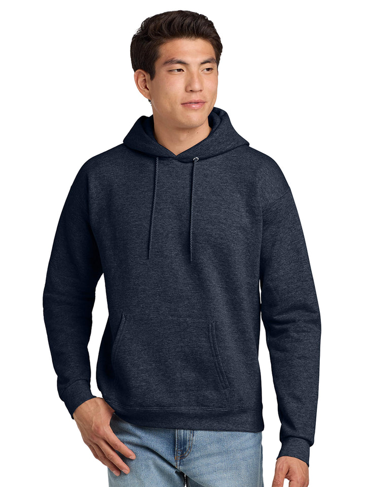 Hanes EcoSmart Pullover Hoodie in navy heather. Soft, eco-friendly fleece hoodie ideal for custom embroidery, printing, or bulk orders.