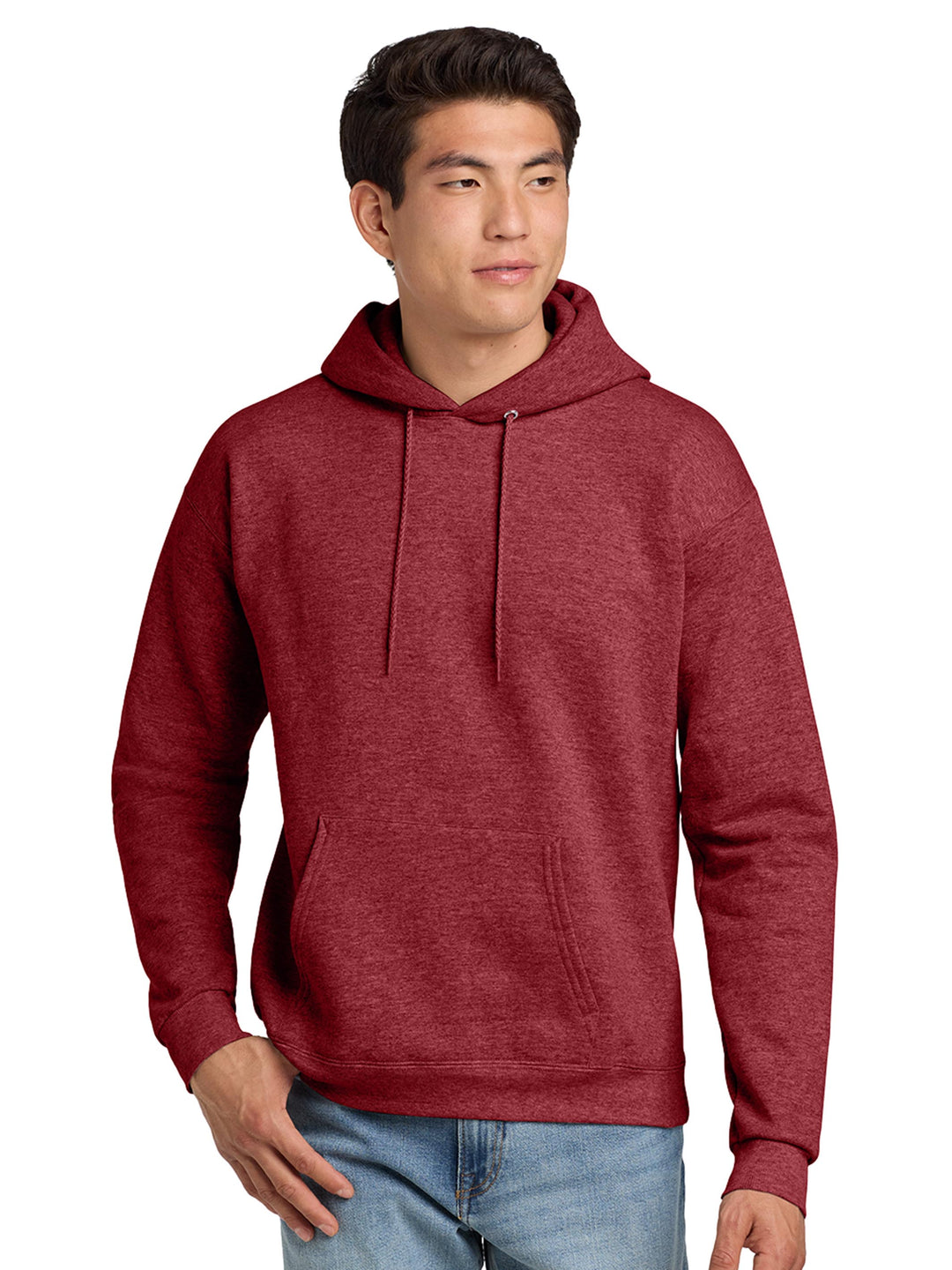 Hanes EcoSmart Pullover Hoodie in heathered maroon. Cozy, sustainable fleece hoodie perfect for custom branding or personalized designs.