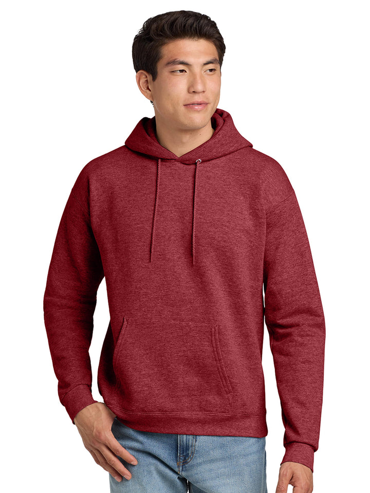 Hanes EcoSmart Pullover Hoodie in heathered maroon. Cozy, sustainable fleece hoodie perfect for custom branding or personalized designs.