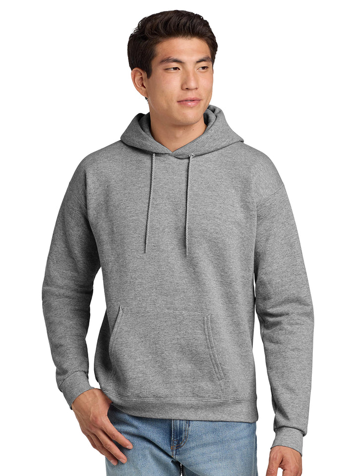 Hanes EcoSmart Pullover Hoodie in athletic gray. Lightweight, eco-friendly fleece hoodie ideal for custom embroidery or bulk orders.