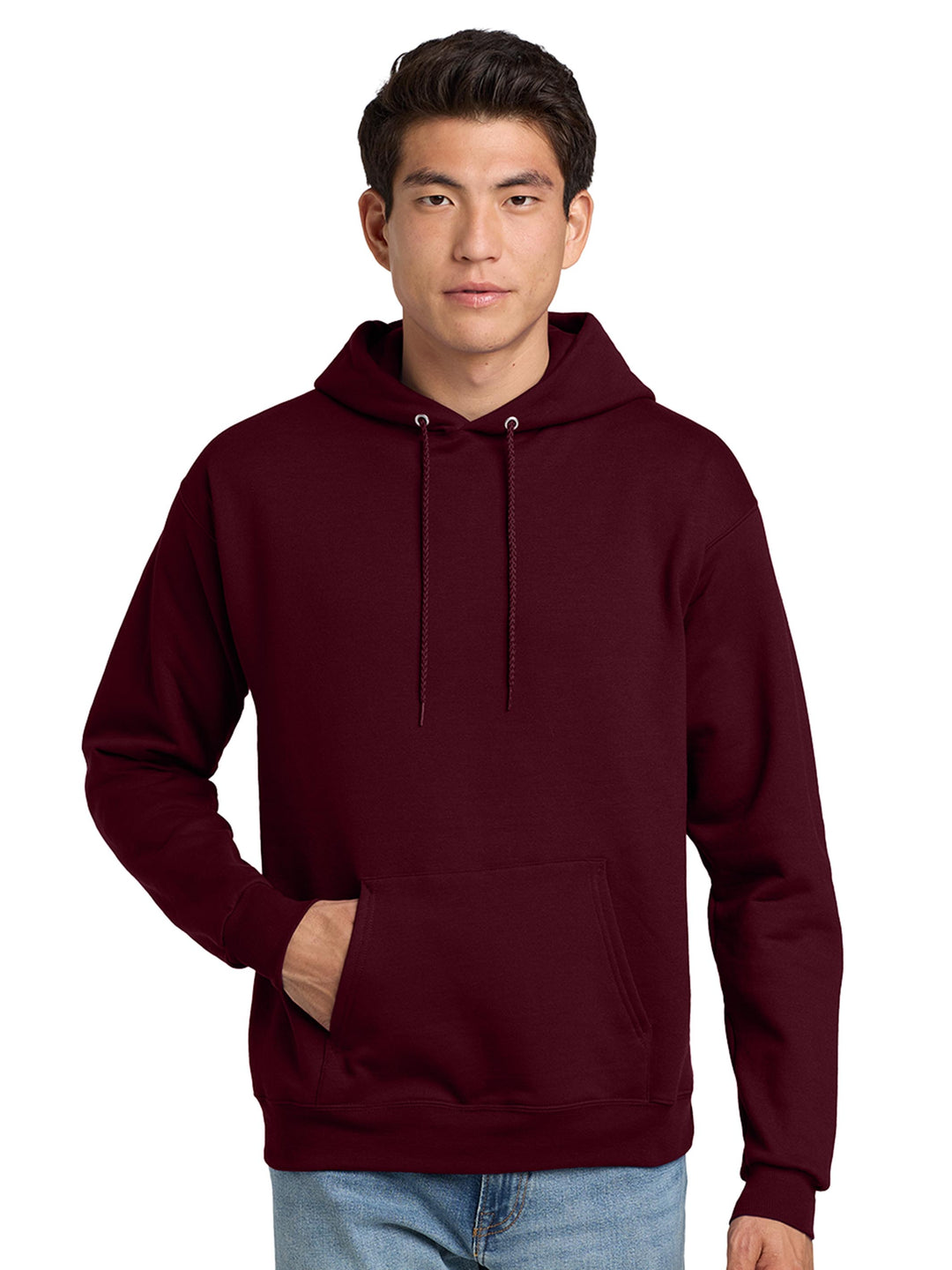 Hanes EcoSmart Pullover Hoodie in burgundy. Soft, sustainable fleece hoodie perfect for custom printing, embroidery, or promotional wear.