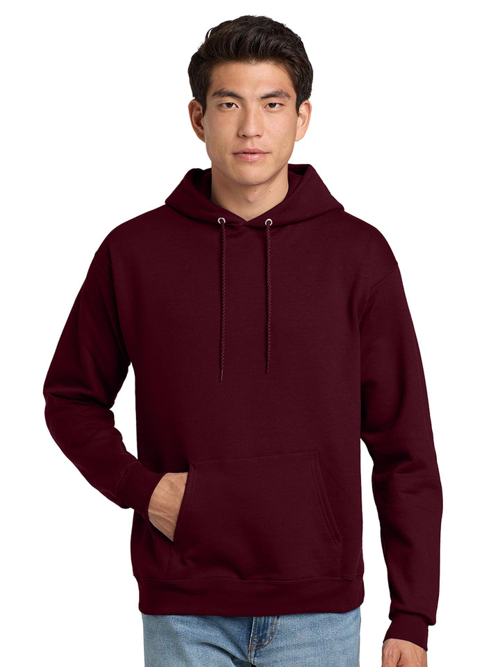 Hanes EcoSmart Pullover Hoodie in burgundy. Soft, sustainable fleece hoodie perfect for custom printing, embroidery, or promotional wear.