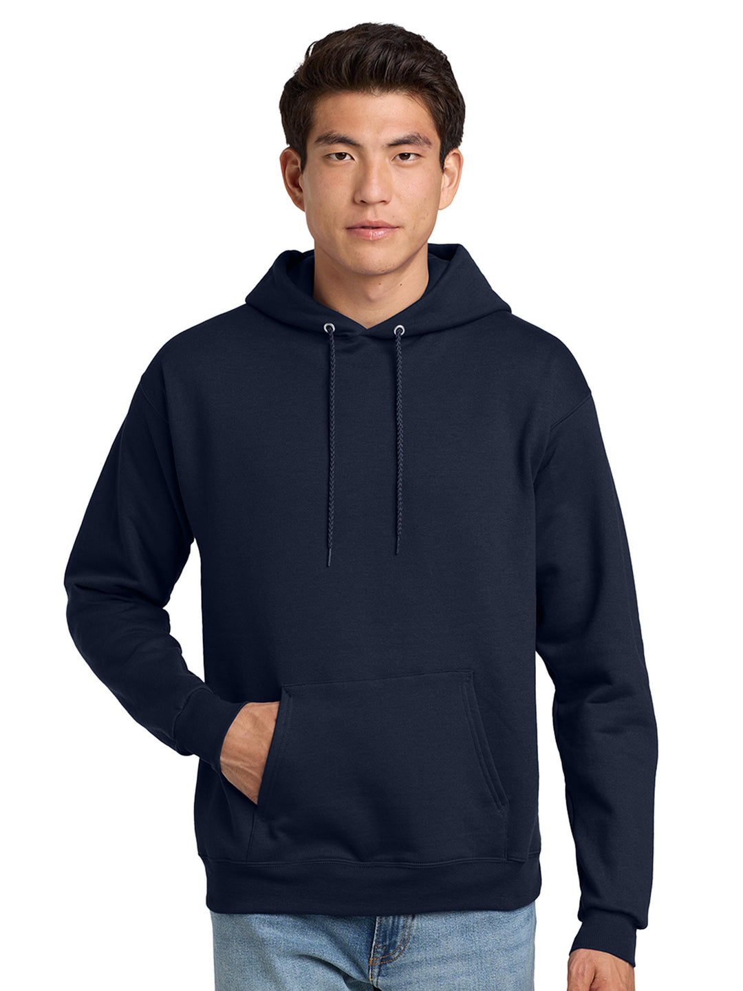Hanes EcoSmart Pullover Hoodie in navy blue. Classic, eco-friendly fleece hoodie ideal for custom branding, embroidery, or bulk purchases.