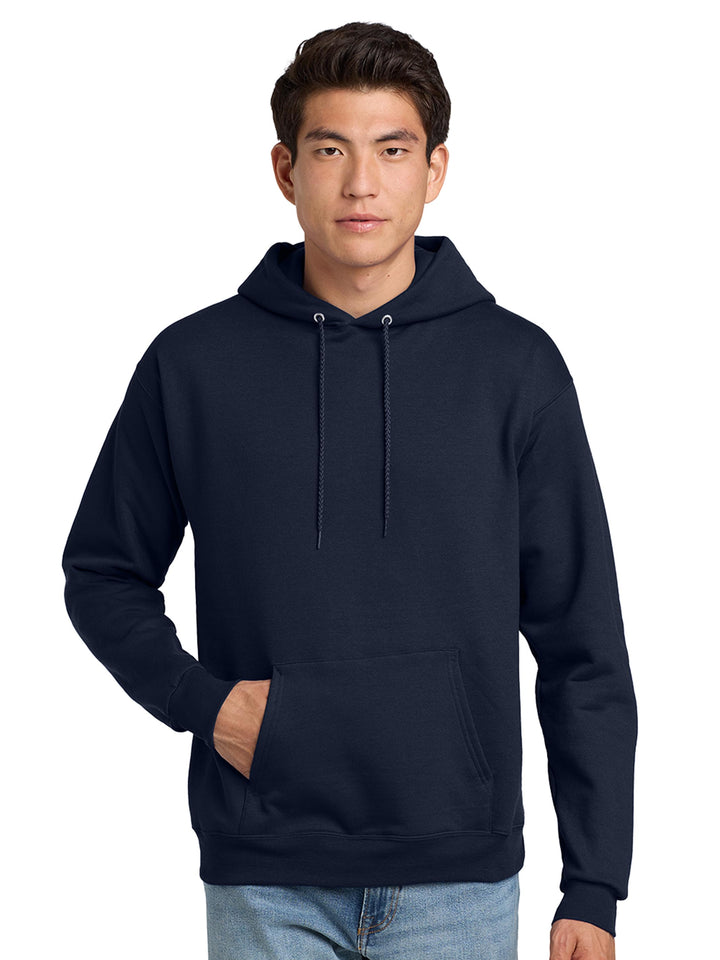 Hanes EcoSmart Pullover Hoodie in navy blue. Classic, eco-friendly fleece hoodie ideal for custom branding, embroidery, or bulk purchases.