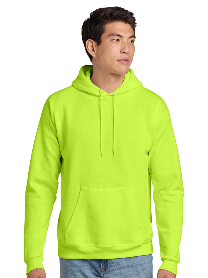 Hanes EcoSmart Pullover Hoodie in neon yellow. Lightweight, eco-friendly fleece hoodie, great for custom printing or embroidery.