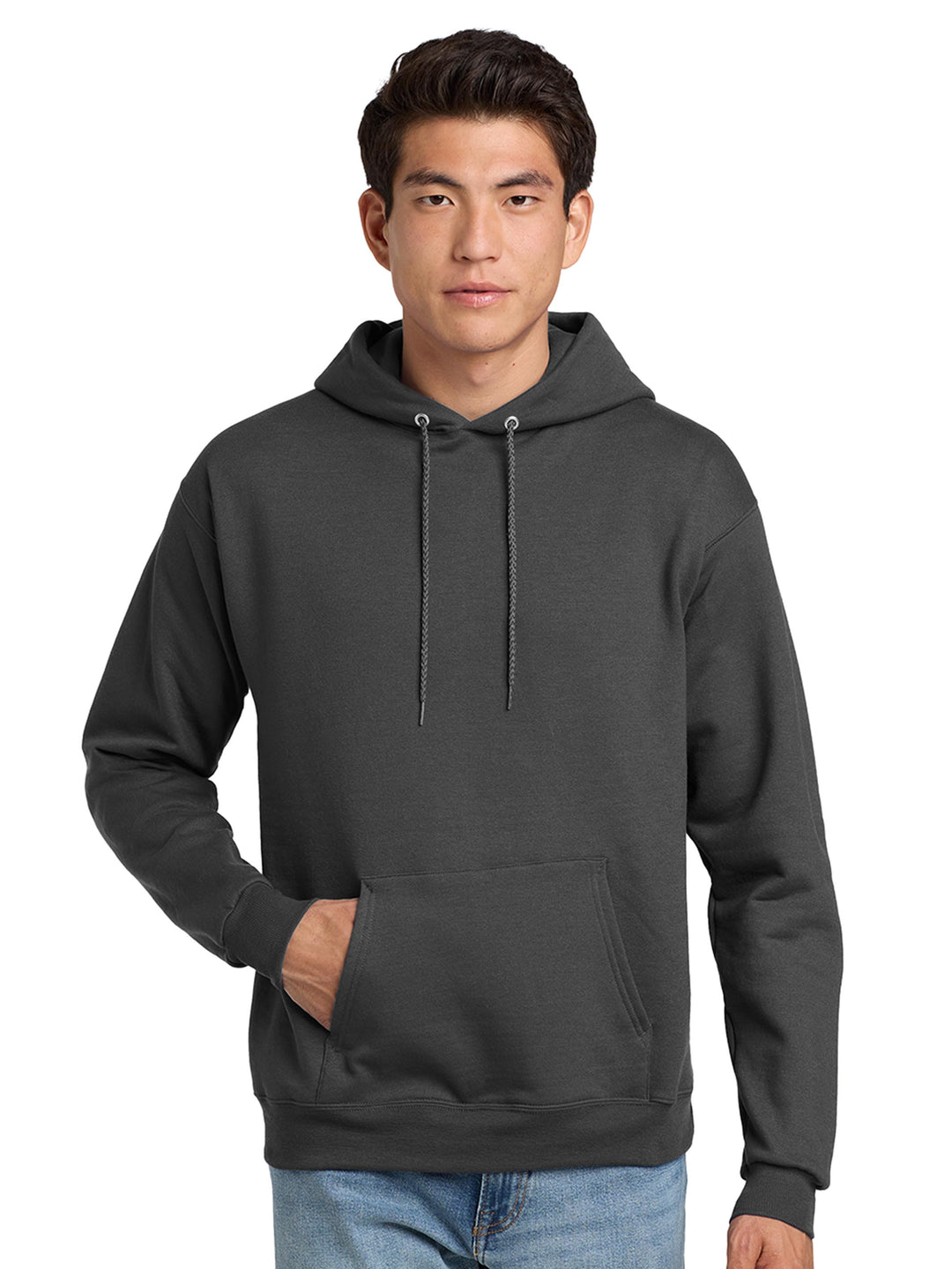 Hanes EcoSmart Pullover Hoodie in dark gray. Comfortable, sustainable fleece hoodie perfect for custom designs or promotional wear.