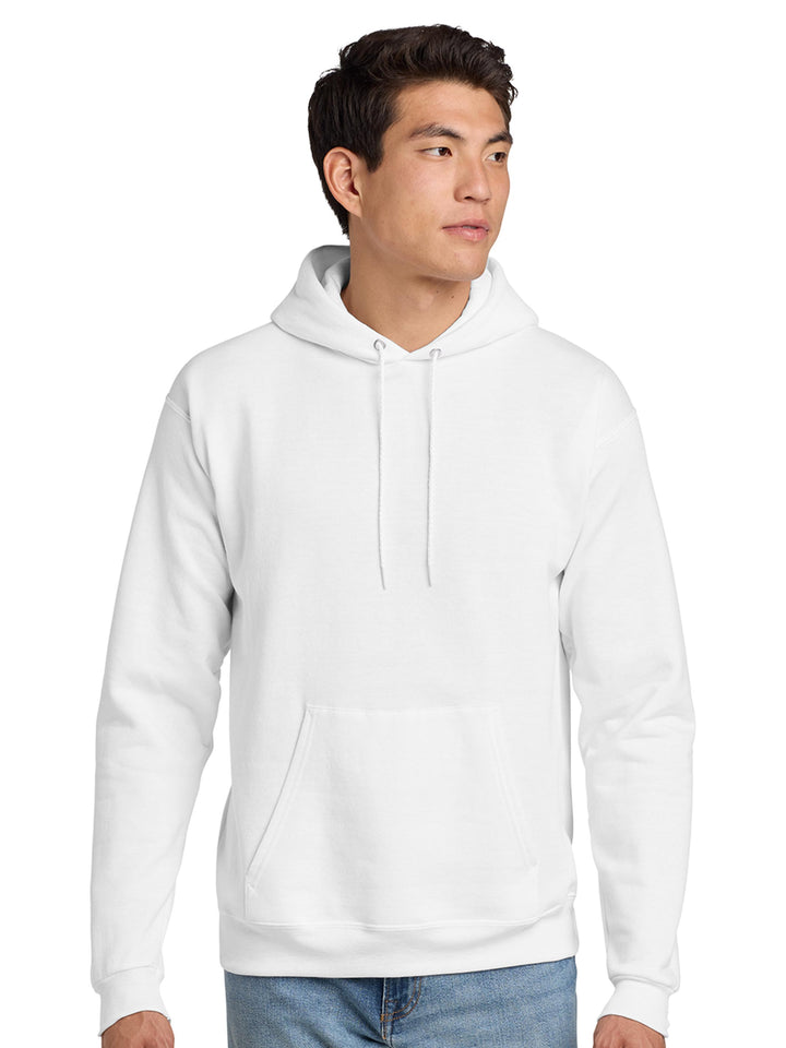 Hanes EcoSmart Pullover Hoodie in white. Soft, eco-friendly fleece hoodie ideal for custom embroidery, printing, or bulk orders.