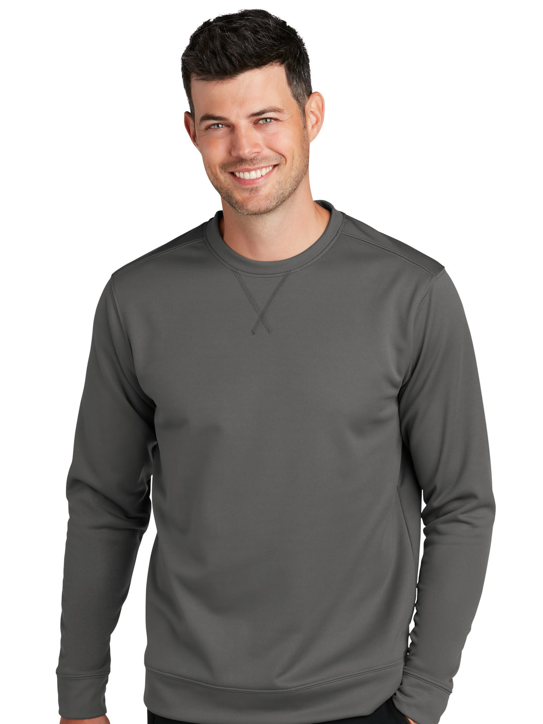 Custom Port and Company Performance Fleece Crewneck in dark gray, featuring a soft, moisture-wicking fabric for comfort and durability.