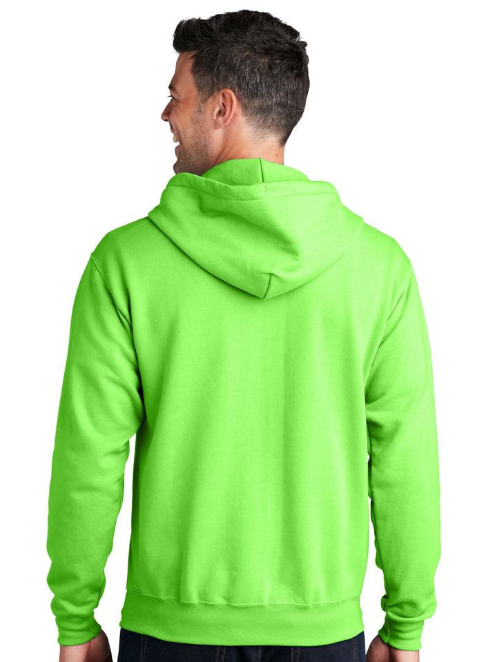 Back view of Custom Port and Company Core Fleece Full Zip Hoodie in neon green. Features a relaxed fit with a cozy hood and durable stitching.