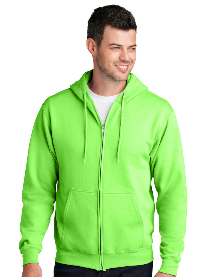 Custom Port and Company Core Fleece Full Zip Hoodie in neon green. Soft 7.8 oz 50/50 cotton-poly blend with front pockets and adjustable hood.
