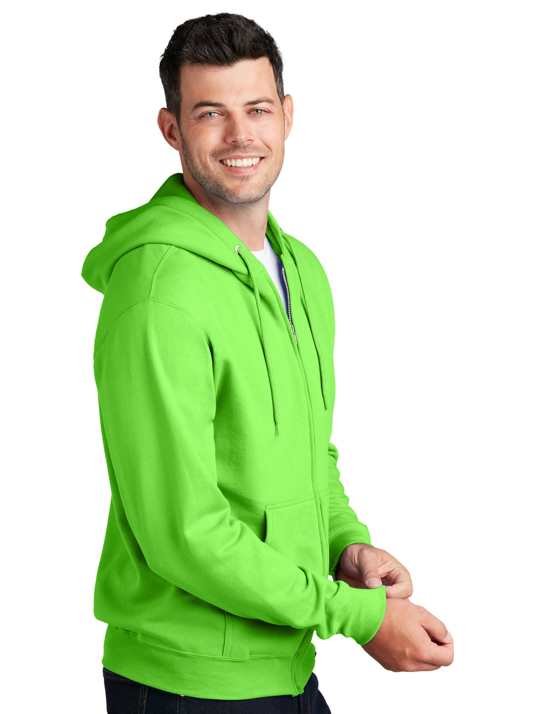 Side view of Custom Port and Company Core Fleece Full Zip Hoodie in neon green. Comfortable fit with ribbed cuffs and waistband for a snug feel.