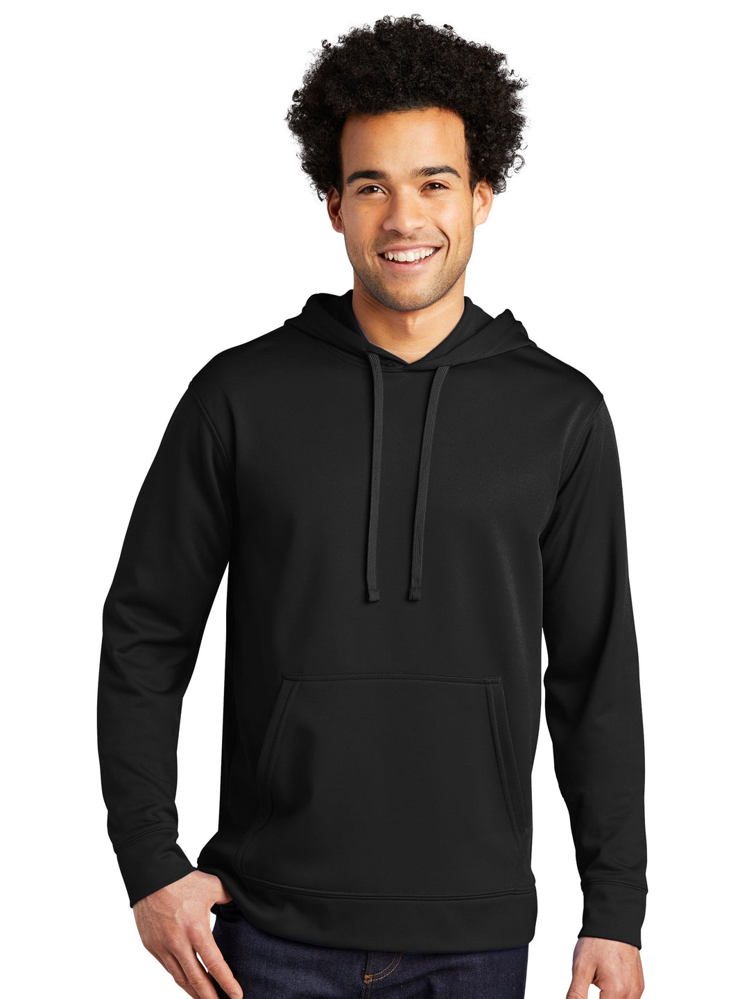 Port and Company Performance Fleece Hoodie in black, featuring moisture-wicking Dry Zone® technology. Ideal for customization with embroidery or printing.